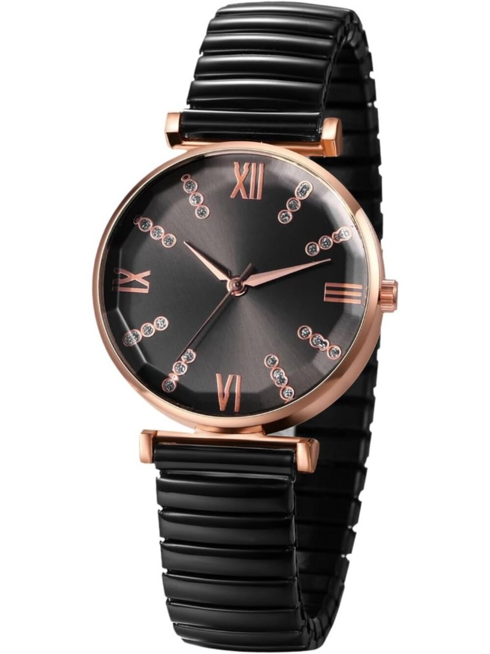 Women's All Black Analog Elastic Strap Arabic Numerals Waterproof Wrist Watch